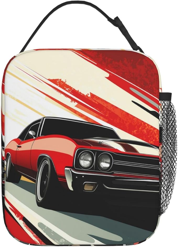 Muscle Car Lunch Bag for Women Men Adults, Insulated Lunch Box for Work, Sports, Travel, Picnic,Hiking, Fishing, Red Retro Classic Car Theme Lunchbox Gifts