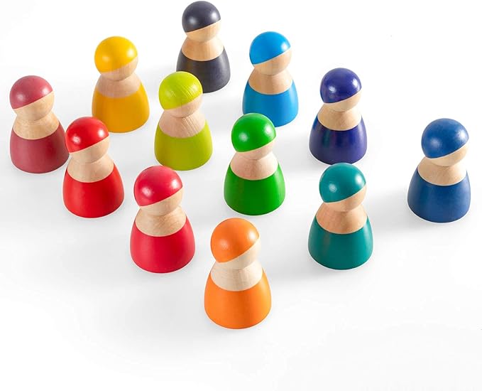Rainbow Peg Dolls for Toddlers, 12 PCS Wooden Peg People Toys, Wooden People Pretend Play with Rainbow Stacking Toy, Preschool Wood Rainbow Friend Educational Toys