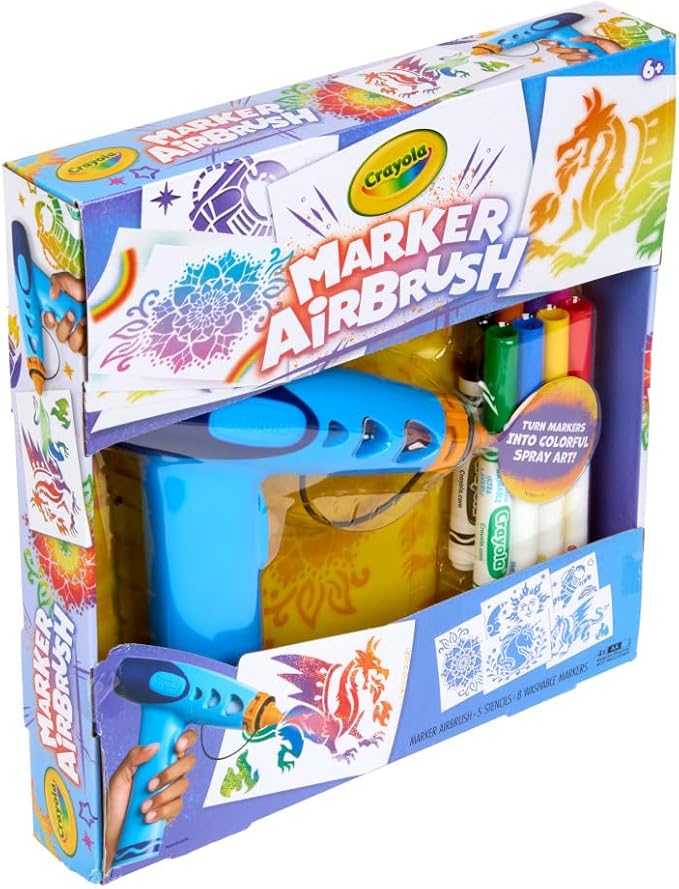 Crayola Marker Airbrush Spray Art Kit, Battery-Powered Sprayer with 8 Washable Markers & 5 Stencils, DIY Craft Set for Kids, Gift for Boys & Girls, Ages 6+