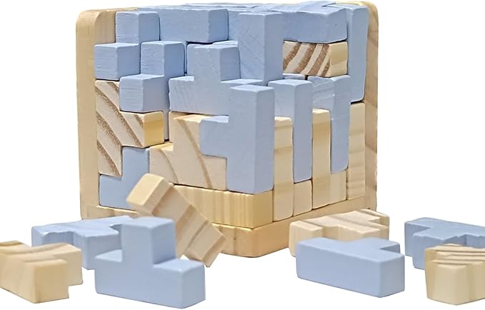 3D Wooden Brain Teaser Puzzle Cube Wooden Puzzles T-Shaped Jigsaw Logic Puzzle Game Puzzles Educational Toy for Kids and Adults (Light Grey)