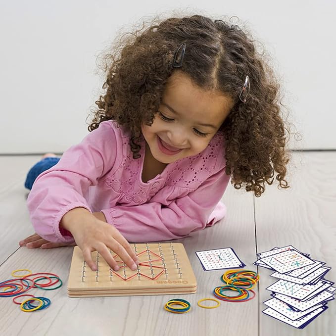 Coogam Wooden Geoboard Mathematical Manipulative Material Array Block Geo Board – Graphical Educational Toys with 30Pcs Pattern Cards and Latex Bands Shape STEM Puzzle Matrix 8x8 Brain Teaser for Kid