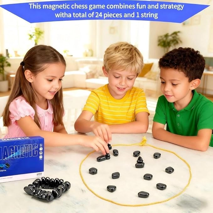 Magnetic Chess Game，24 Stones，String & Portable Storage Bag，Strategy Board Game for Family Game Night, Indoor Outdoor Use for Kids Adults V