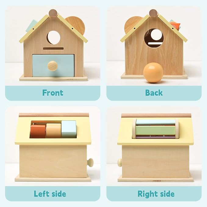 Wooden Montessori Toys for Toddlers 1-3, 4-in-1 Newborn Learning Educational Sets with Spinning Drum, Coin Box,Ball Drop, Shape Sorter - Christmas Birthday Gift for Boys Girls