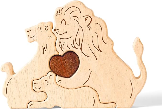 Wooden Lion Family Puzzle Games, Personalized 3 Name Puzzle for Home Crafts Decor, House Warming Birthday Party Gifts for Mom Dad Grandma Kids New Baby, Wooden Bear Family