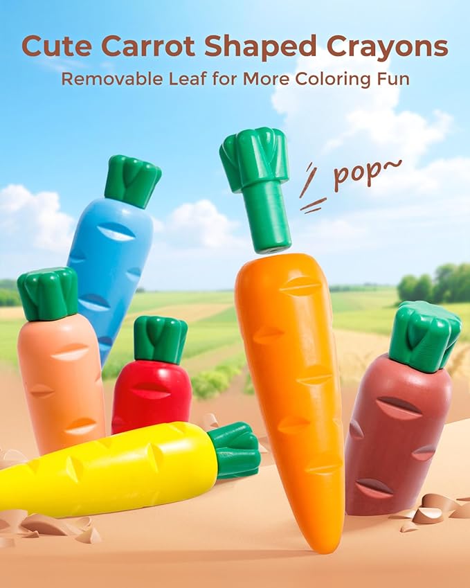 24 Colors Crayons for Toddlers 1-3, Non Toxic Beeswax Carrot-Shaped Toddler Crayons with 30-Page Coloring Book and 120 PDF Pages, Mess-Free Coloring for Kids Ages 2-4 4-8 Art Supplies Gift