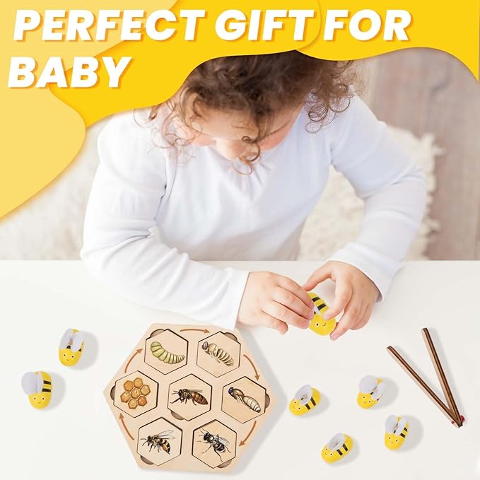 Adena Montessori Wooden Bee Life Cycle Puzzle Toy Set with Tray and Clamp, Animal Life Cycle Educational Activity for 3-6 Year Old Boys & Girls