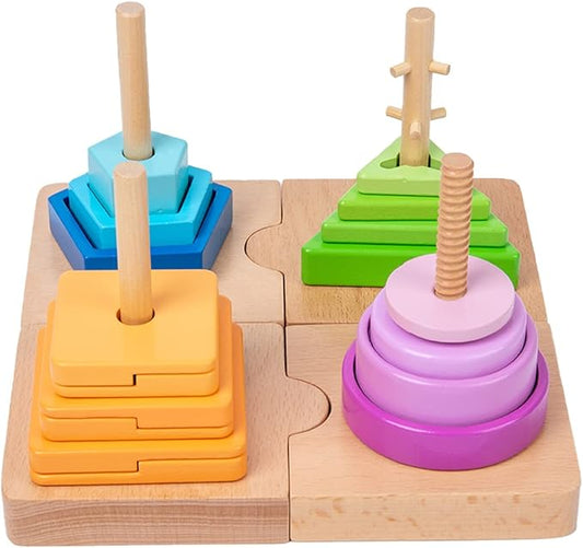 Adena Montessori 4-in-1 Shape Color Sorting Toy for Toddlers - Wooden Educational Toy With Detachable Bases, Gradients of Colors and Shapes for 12-18 Months