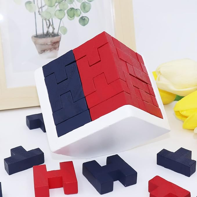 3D Wooden Brain Teaser Puzzle Cube Wooden Puzzles T-Shaped Jigsaw Logic Puzzle Game Puzzles Educational Toy for Kids and Adults (Red)