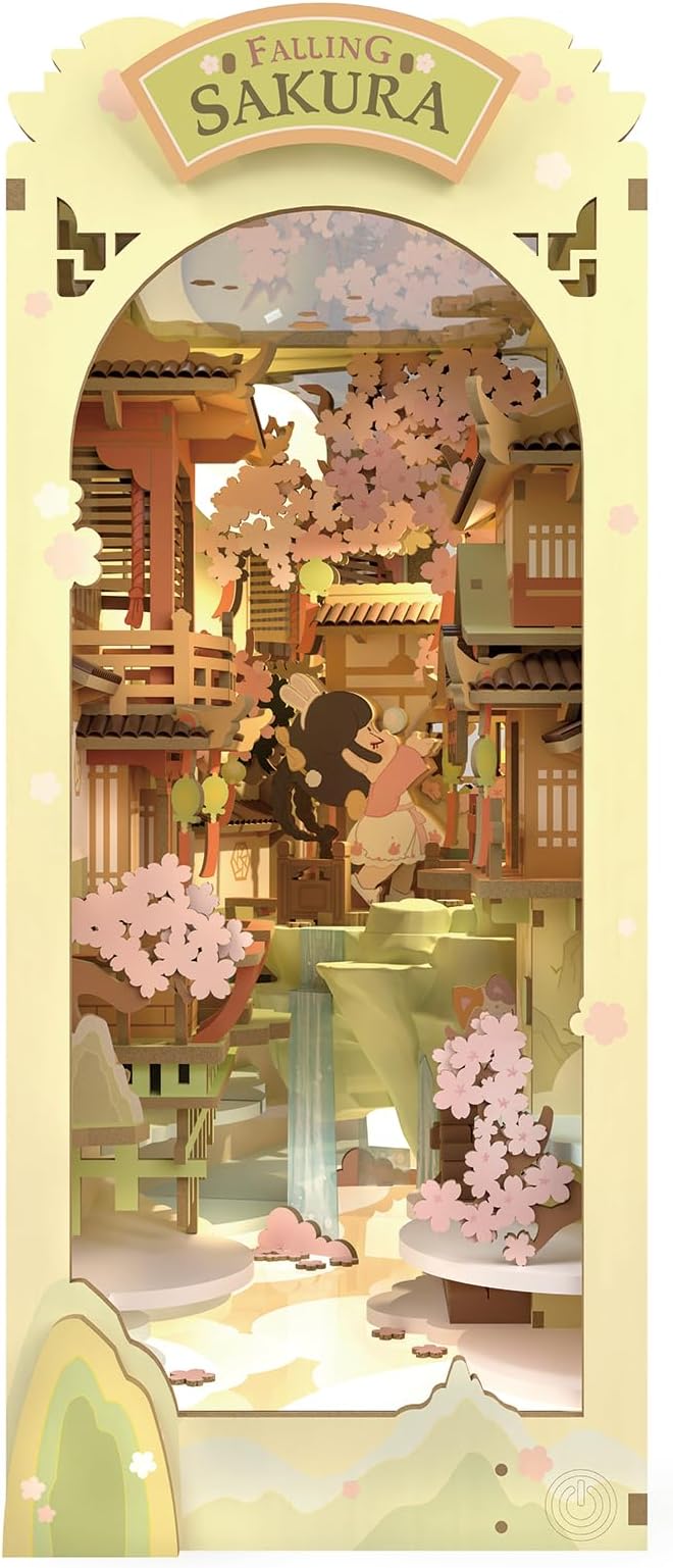Rowood Book Nook Kits for Adults,3D Wooden Puzzle Bookend,Bookshelf Decor Insert Alley,DIY Miniature Booknook Model Craft Kits for Adults,Gifts with LED on Birthday Christmas(Falling Sakura)