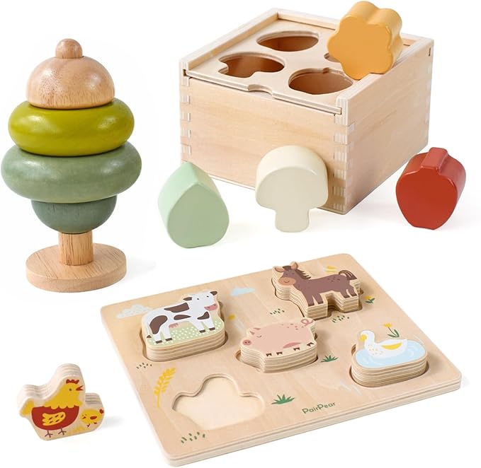 PairPear 3-in-1 Montessori Wooden Toy Set, Shape Sorter Cube, Stacking Tree & Farm Animal Puzzle, Natural Learning Toys for Toddlers 12M+