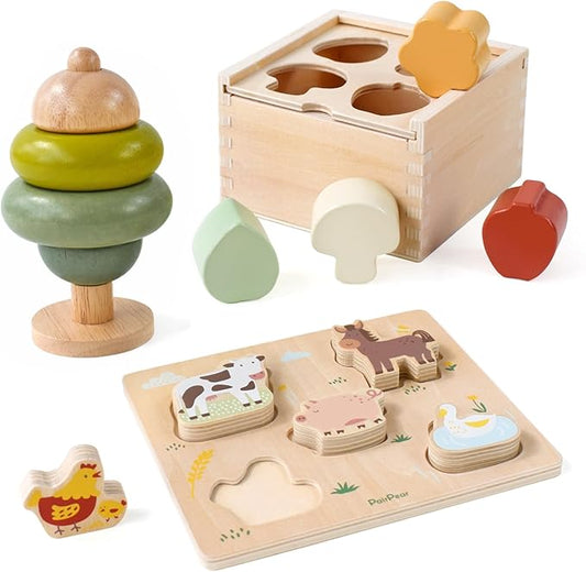 PairPear 3-in-1 Montessori Wooden Toy Set, Shape Sorter Cube, Stacking Tree & Farm Animal Puzzle, Natural Learning Toys for Toddlers 12M+
