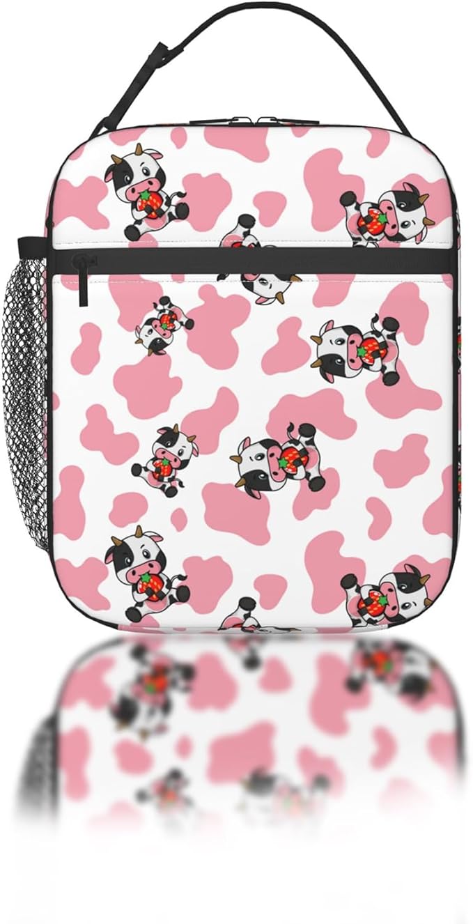 Strawberry Pink Cows Print Reusable Lunch Box Food Bag Insulated Lunch Bag for Teenage Boys Girls School Beach