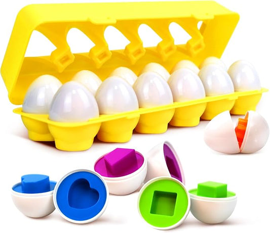 Tinabless Matching Eggs Toys 12 pcs Set Color & Shape Recoginition Sorter Puzzle for Toddlers, Christmas Easter Travel Game Early Learning Educational Gift for Year Old Kids