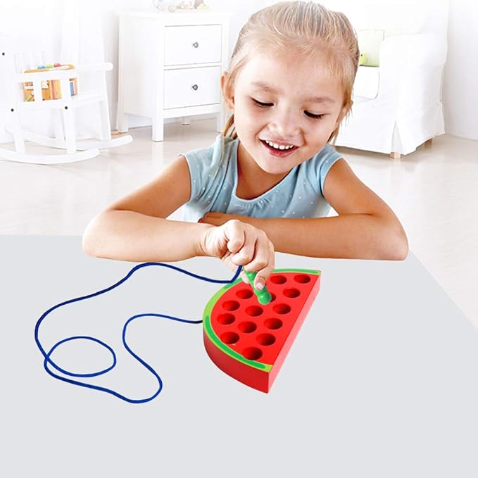 Skrtuan Wooden Lacing Threading Toys Wood Block Puzzle Car Airplane Travel Game Montessori Early Development Fine Motor Skills Educational Gift for 3 4 5 Years Old Toddlers Baby Kids, 1 Watermelon