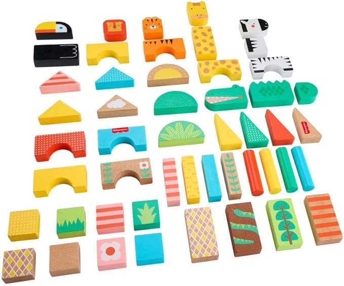 Fisher-Price Wood Toddler Toy Jungle Blocks, 50-Piece Wooden Animal Building Set for Preschool Pretend Play Kids Ages 2+ Years