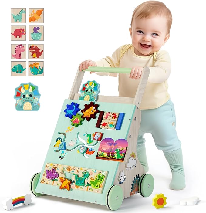 Wooden Baby Walker, Dinosaur Toddler Push Walker, Montessori Learning Activity Center for Boys Girls, Develops Motor Skills Sit-to-Stand Toys Multifunctional Educational Gifts for Kids Infant