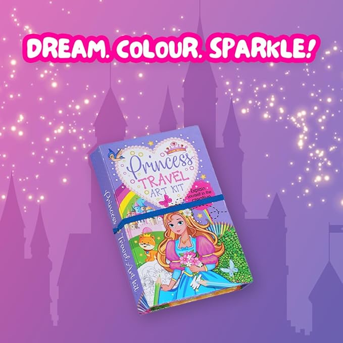 FIRSTJIGGLE First Jiggle Colouring and Sticker Princess Travel Art Kit | Includes Coloring Pad, Sticker Sheets & Color Pencils | Fun Travel Activity for Kids | Gift for Girls Ages 3-8