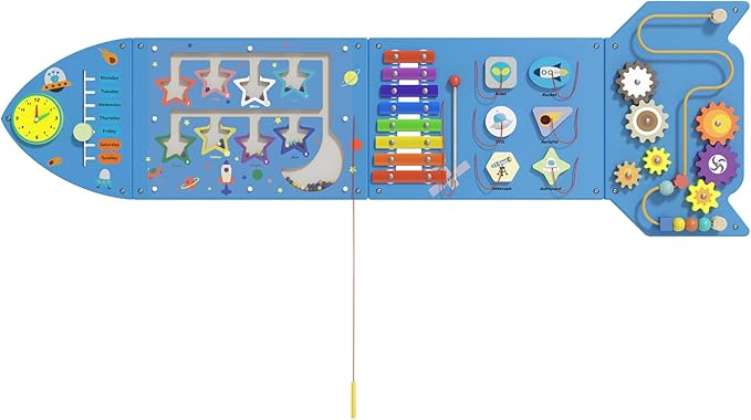 Montessori Busy Board - Blue Rocket Activity Wall Panels, Wall Toys for Toddlers 3+, Sensory Panels for Kids, Wooden Activity Cubes, Playroom Daycare Toys, Toddler Sensory Board (4PCS)