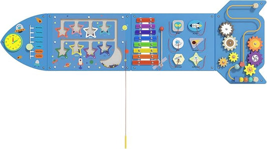 Montessori Busy Board - Blue Rocket Activity Wall Panels, Wall Toys for Toddlers 3+, Sensory Panels for Kids, Wooden Activity Cubes, Playroom Daycare Toys, Toddler Sensory Board (4PCS)