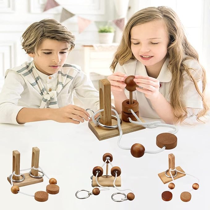 Wooden and Metal 3D Unlock Interlock Assorted Brain Teasers Puzzles，IQ Logic Training Family Game Party Favor Coffee Table Time Unlock Interlock Mind Puzzles Box（6Pcs）