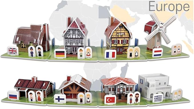 3D Puzzle Set - Traditional Houses Collection: Build 8 Country Models with Authentic Costumes, DIY Kit for Hobbyists, Creative Toy and Home Decor (Europe)
