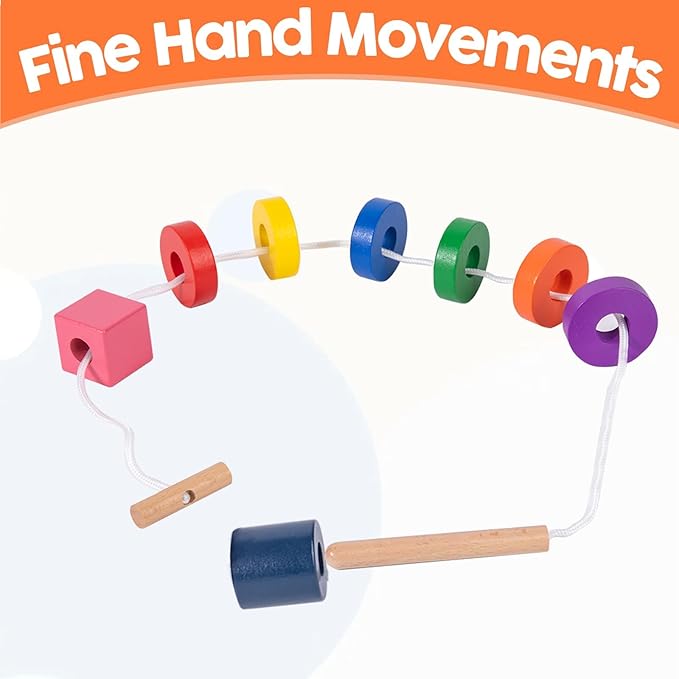 Adena Montessori Wooden Lacing with Tray Stringing Bead Set Toy,Montessori Wooden Beads Shape Sequencing Set for 1 2 3 Year Old Toddler,Fine Motor Skills Preschool Educational Learning for Kids Gifts