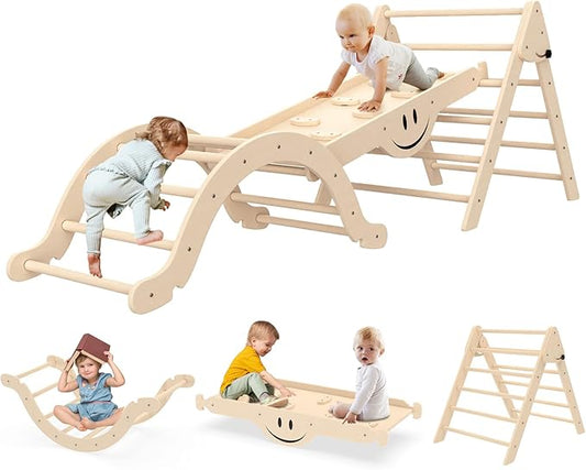 BIERUM Pikler Triangle Set 8 in 1 with Seesaw Design, Montessori Foldable Toddler Climbing Toys with Ramp, Wooden Pickler Climbing Set, Indoor Baby Climbing Gym, Natural