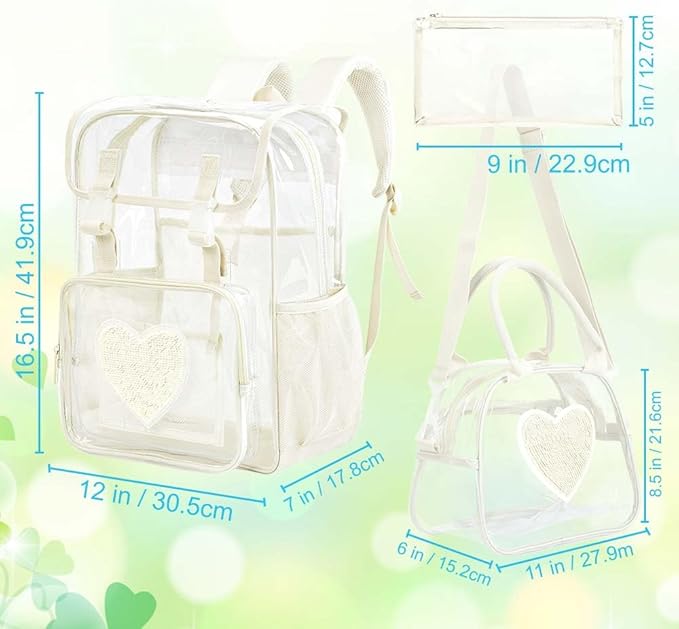 17" Sequin Clear Backpack for Girls - 3Pcs Sparkle Flip Design Stadium Approved Set, Campus/School Transparent Bookbag (White)
