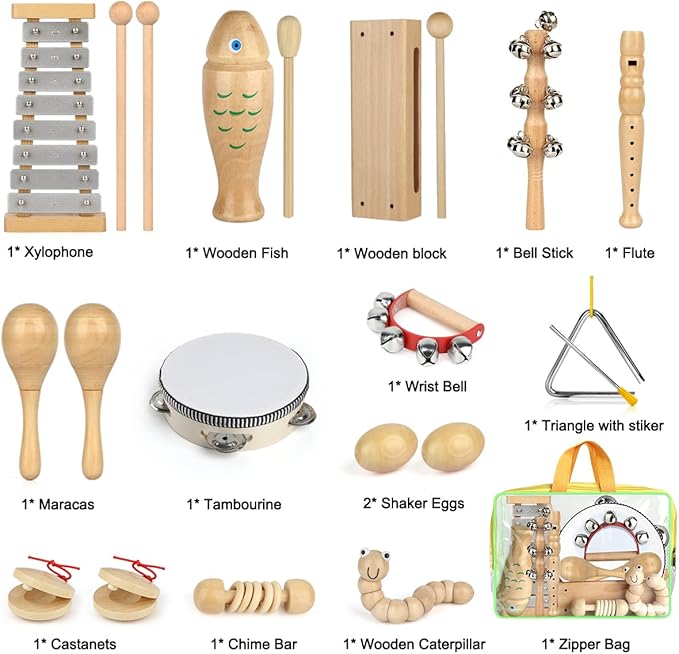 Kids Musical Instruments,100% Natural Wooden Music Percussion Toy Sets, 23 Pcs Tambourine Xylophone Toys for Kids, Girls Boys Preschool Education Early Learning Musical Toys with Bags