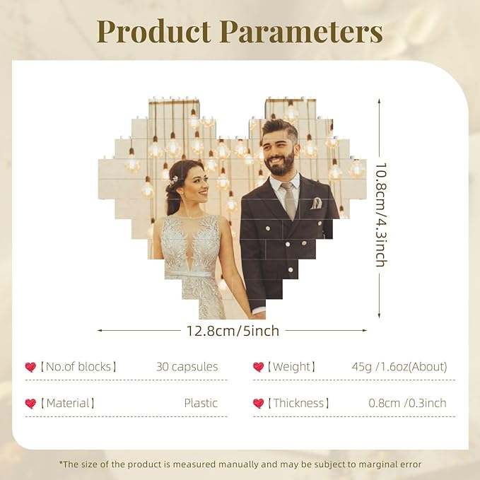 Custom Building Brick Personalized Photo Block Puzzle Valentines Day Gifts Building Block Family Portrait Photograph DIY Gifts for Women, Men,Kids Horizontal Shaped Brick Puzzle (Heart Shaped)