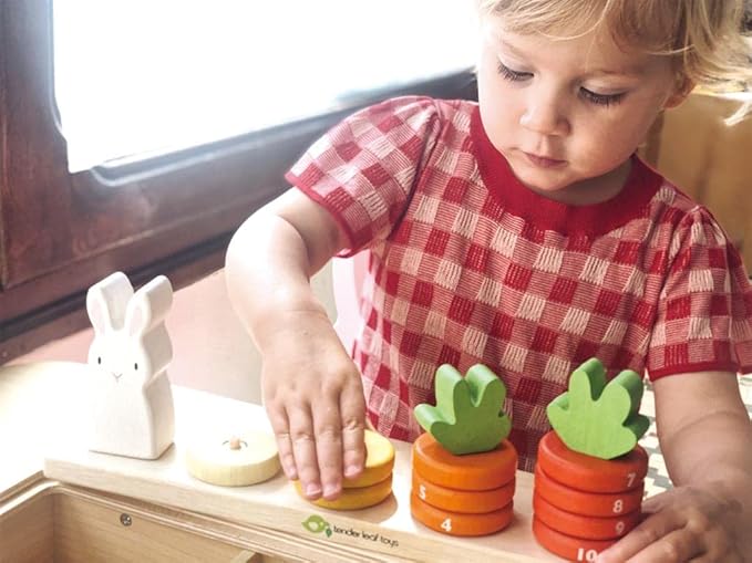 Tender Leaf Toys - Counting Carrots - Wooden Ring Stacker - Educational Toy for Early Learning, Counting, Color Sorting, and Hand-Eye Coordination - Montessori Inspired Toy for Kids - Age 18 Month+