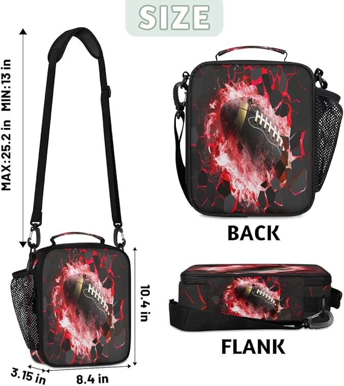 American Football Lunch Box for Boys Insulated Lunch Bag Reusable Portable Lunchbox with Adjustable Shoulder Strap and Water Bottle Holder for Work School Travel
