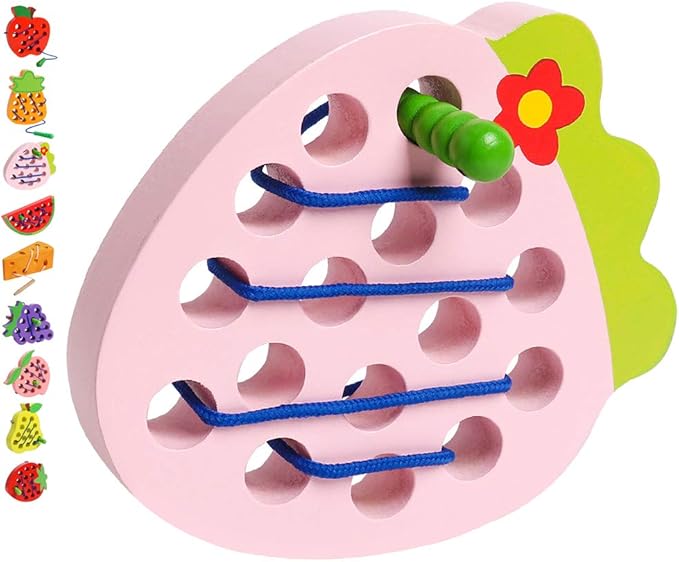 Skrtuan Wooden Lacing Threading Toys Wood Block Puzzle Car Airplane Travel Game Montessori Early Development Fine Motor Skills Educational Gift for 3 4 5 Years Old Toddlers Baby Kids, 1 Strawberry