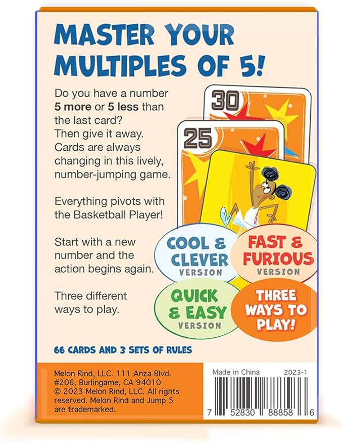 Melon Rind Jump 5, Math Game for Kids Learning Multiples of 5, Lively Basketball Themed Card Game, a Fun Math Activity for Boosting Confidence, Quick and Easy Screenless Fun, Ages 7+