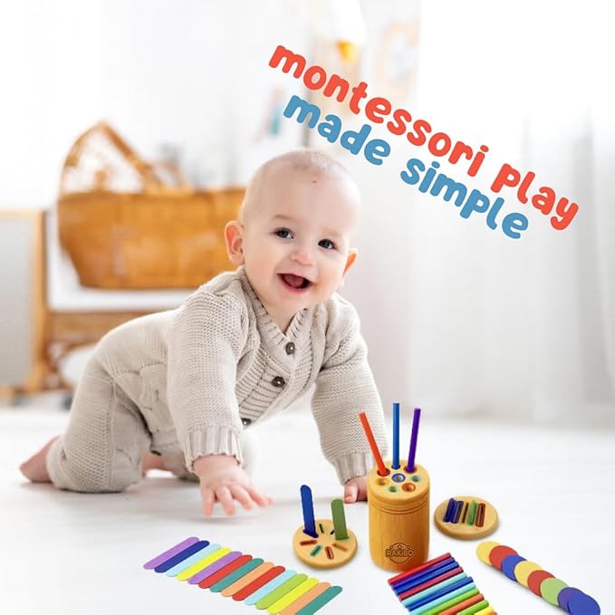 Montessori Color Sorting Toy for Toddlers Ages 1-5 – Wooden Fine Motor Skills Toy with Pegs, Sticks, Lids & Discs – Sensory Educational Activity – Gift-Ready in Box Learning Toy