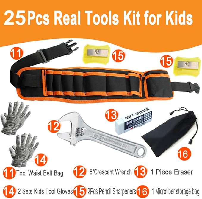Kids Real Tool Set 25Pcs for Young Builders,Children Size Real Hand Tools Hammer,Kids Educational Tool Belt Waist Junior Boys Teens Beginner Starter Learning DIY Woodworking Construction Repair Set