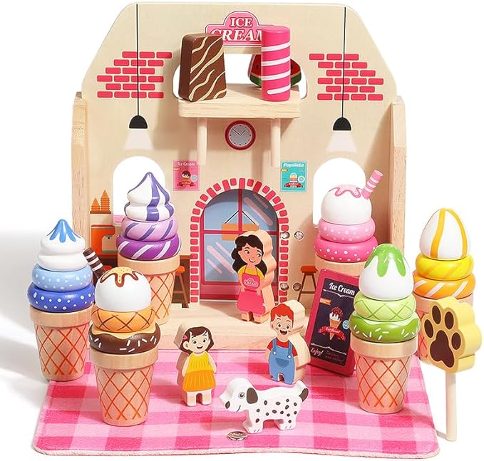 Wooden Ice Cream Shop Toy Set with Handbag, 39 Pcs Pretend Play Food & Ice Cream Toys for Toddlers 3-5 Birthday Gift , Montessori Learning Educational Toys Color Sorting, Play Kitchen Accessories