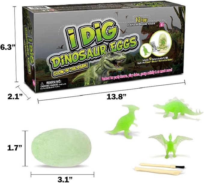 12-Pack Glow in The Dark Dinosaur Excavation Kit for Kids - Educational STEM Fossil Digging Egg Activity – Dig up & Discover Real Dino, Scientific Archaeology Set for Boys & Girls