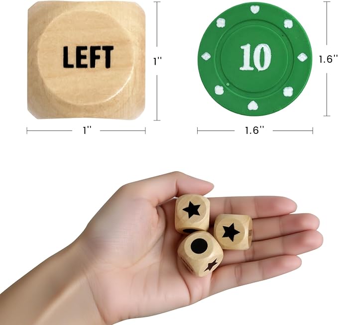 Left Right Center Dice Game Set with 3Pcs 1Inch Wood Dices + 50pcs Colorful Poker Chips (Wood Set)
