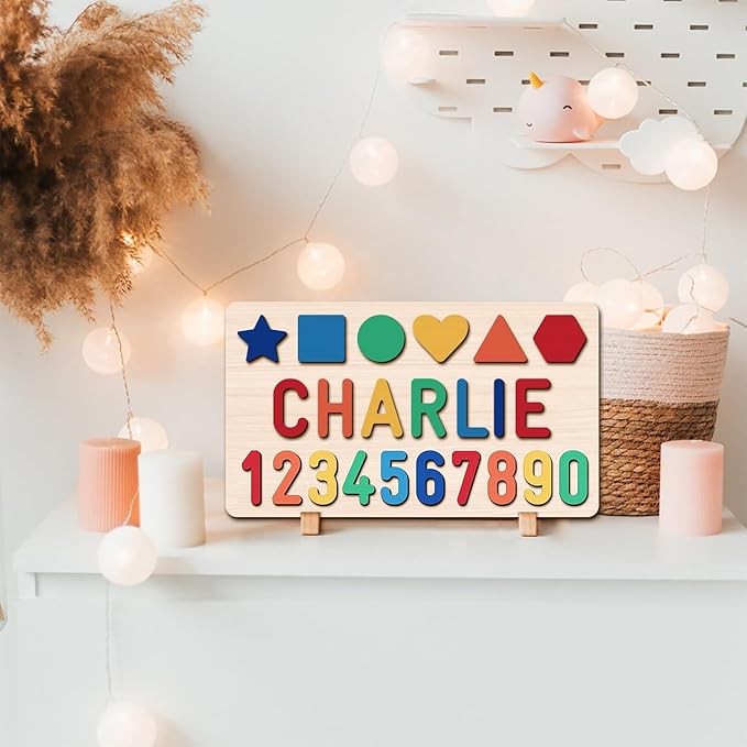 Personalized Name Puzzle - Custom Wooden Puzzle for Toddlers 1-3 - Unique Baby Shower, Christmas & 1st Birthday Gift for Boys and Girls - Keepsake Montessori Toy (Shape-Number)