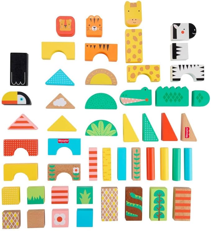 Fisher-Price Wood Toddler Toy Jungle Blocks, 50-Piece Wooden Animal Building Set for Preschool Pretend Play Kids Ages 2+ Years