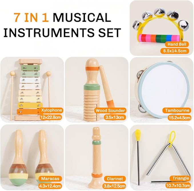 Toddler Musical Instruments Set - Neutral Colors Wooden Montessori Toys Percussion Instruments Musical Toys with Modern Boho Xylophone Tambourine for Kids Preschool Educational 3+ Birthday Gifts