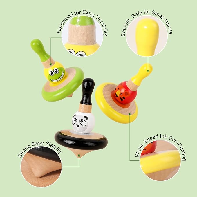 WODI 3PCS Wooden Spinning Tops - Adorable Animal Gyroscope Toys for Toddlers, Safe & Fun Montessori Educational Gift, Fidget Spinner for Kids/Toddlers (#2)