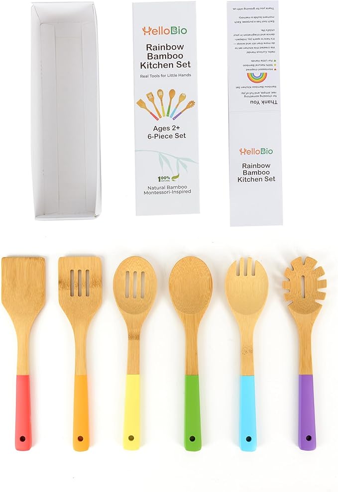 Rainbow Bamboo Kitchen Utensil Set for Kids – Montessori-Inspired 6-Piece Real Cooking Tools | Ages 2+ | Natural Bamboo | Color-Coded | Thoughtful Gift for Toddlers & Preschoolers