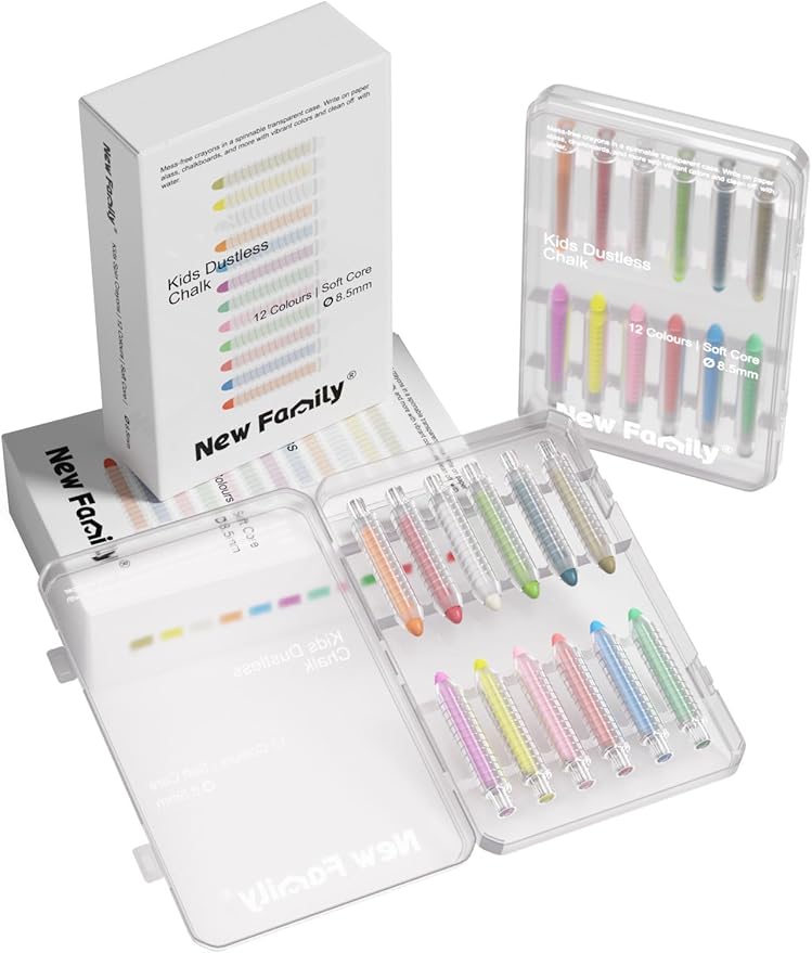 NewFamily Dustless Chalk 2-Pack, 24 Sticks (2×12 Colors) – Non-Toxic, Washable Sidewalk & Blackboard Chalk for Kids & Toddlers, Smooth Bold Colors