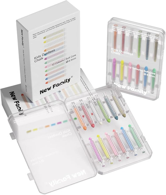 NewFamily Dustless Chalk 2-Pack, 24 Sticks (2×12 Colors) – Non-Toxic, Washable Sidewalk & Blackboard Chalk for Kids & Toddlers, Smooth Bold Colors