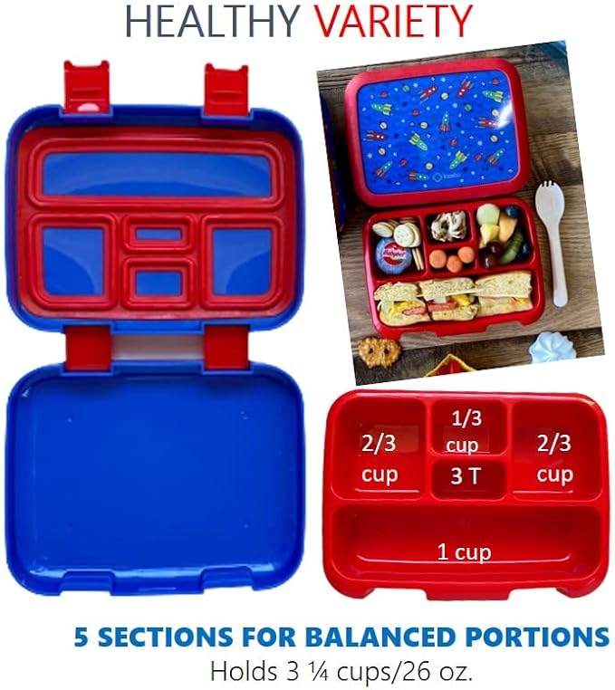 Bento Box with Thermo Stainless Steel Food Jar for Hot-Cold Food or Soup, Insulated Lunch Bag & Ice Pack Set for Kids or Toddlers. Ages 3-7, Blue Space Rockets