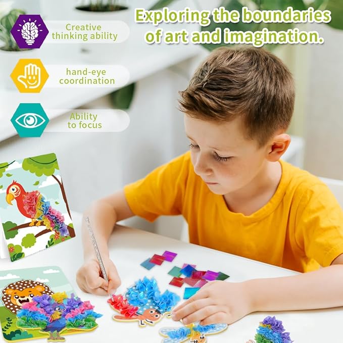 Poke-Art Animal Poking Art Kit with Fabric and Tools,Includes Various Animals Such as Butterflies, Bees, Dragonflies, Peacocks, Parrots, and Lions,Mess-Free Sewing Art for Kids Ages 4+