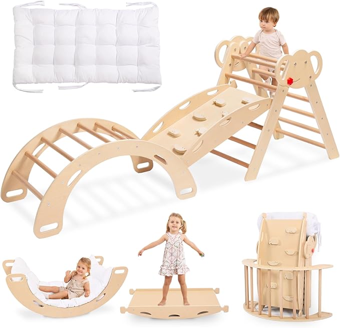 WINGYZ Pikler Triangle Climbing Set with Cushion,Wooden 8 in 1 Jungle Gyms for Toddlers 1-3, Indoor Playground for Kids ,Baby Montessori Climbers & Play Structures(Teak)