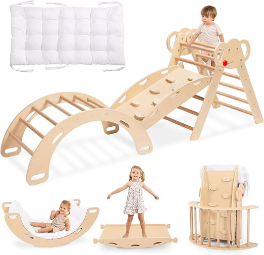 WINGYZ Pikler Triangle Climbing Set with Cushion,Wooden 8 in 1 Jungle Gyms for Toddlers 1-3, Indoor Playground for Kids ,Baby Montessori Climbers & Play Structures(Teak)